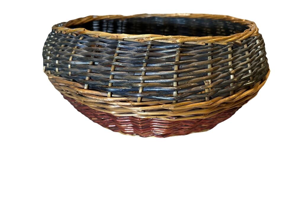 Vintage Woven Wicker Basket 3 Tone Blue, Brown Mahogany, Tan Wood 13.5"x6"